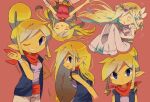  1girl alternate_hairstyle artist_name commentary_request dress from_side hair_bun long_hair looking_at_viewer multiple_girls multiple_views one_eye_closed pink_dress pointy_ears princess_zelda simple_background smile tetra the_legend_of_zelda the_legend_of_zelda:_the_wind_waker tokuura toon_zelda very_long_hair 