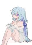  1girl aqua_(konosuba) ass_visible_through_thighs bare_legs bare_shoulders blue_eyes blue_hair blue_pajamas blush closed_mouth collarbone hair_ornament hands_on_own_knees highres kono_subarashii_sekai_ni_shukufuku_wo! long_hair pajamas pekeheihou pensive satou_kazuma serious simple_background solo thighhighs thighs 