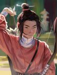  1boy arrow_(projectile) axis_powers_hetalia black_hair bow_(weapon) china_(hetalia) chinese_clothes green_eyes hair_bun highres holding holding_arrow parted_bangs weapon wine0cellar 