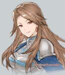  1girl 2017 armor breastplate brown_hair dated earrings granblue_fantasy grey_background grin hair_intakes hanosuke jewelry katalina_(granblue_fantasy) long_hair looking_at_viewer red_eyes shoulder_armor simple_background sketch smile solo straight_hair upper_body very_long_hair 