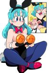  1boy 1girl @_@ angry animal_ears black_leotard blue_eyes blue_hair blue_pantyhose blush breasts bulma clenched_teeth convenient_censoring dragon_ball dragon_ball_(classic) dragon_ball_(object) earrings fake_animal_ears fake_tail flashing grin highres jewelry leotard long_hair oolong pantyhose playboy_bunny rabbit_ears rabbit_tail scott_malin simple_background sitting smile tail teeth white_background wrist_cuffs 