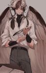  1boy artist_name bird_boy bird_wings bishounen black_necktie black_shirt book brown_eyes brown_hair brown_theme brown_wings collared_shirt cowboy_shot feathered_wings grey_background grey_pants hands_up highres holding holding_pen long_hair looking_down male_focus multicolored_hair muted_color necktie necktie_removed open_mouth original osprey_0725 pants pen shirt simple_background solo standing streaked_hair sweat table turtleneck veins white_shirt wings 
