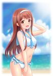  1girl :d absurdres bare_arms beach bikini blue_neckerchief blue_sailor_collar blunt_bangs blurry blurry_background border breasts brown_eyes brown_hair collarbone cowboy_shot groin hairband hand_in_own_hair highres idolmaster idolmaster_million_live! lens_flare long_hair navel neckerchief neilp ocean open_mouth sailor_bikini sailor_collar sailor_swimsuit_(idolmaster) side-tie_bikini_bottom small_breasts smile solo standing summer swimsuit tanaka_kotoha white_bikini white_border white_hairband 