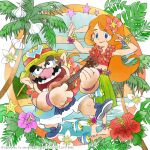  1boy 1girl beach blue_eyes blue_sky brown_hair cloud facial_hair flower flower_necklace garlic grass_skirt hat hula instrument long_hair mona_(warioware) mustache official_art orange_hair palm_tree promotional_art shorts sky takeuchi_kou tree ukulele wario warioware 