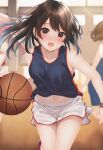  3girls ball bare_shoulders basketball basketball_uniform blurry blurry_background blush breasts brown_eyes brown_hair extra gym_shirt gym_uniform holding holding_ball large_breasts medium_hair minato_ojitan multiple_girls navel open_mouth original playing_sports shirt shorts sportswear 