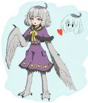  1girl 21stimp absurdres ahoge bird_legs blush borrowed_character capelet commentary dress english_commentary feathered_wings grey_feathers grey_hair grey_wings harpy heart highres looking_at_viewer medium_hair mono_(sifserf) monster_girl open_mouth original owl_girl purple_dress talons winged_arms wings yellow_eyes 