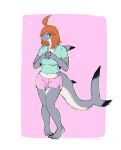  5_fingers 5_toes absurd_res anthro arm_fins barefoot black_tip_tail blacktip_shark blue_clothing blue_shirt blue_topwear border bottomwear breasts brown_hair carcharhinus caudal_fin clothing colored dorsal_fin exuvialremains feet female fin fingers fish grey_body grey_skin gym_bottomwear gym_clothing gym_shorts hair hi_res hotpants humanoid_feet interlocked_fingers looking_at_viewer marine multicolored_body multicolored_skin navel non-mammal_breasts non-mammal_hair non-mammal_navel pink_background pink_bottomwear pink_clothing pink_shorts plantigrade red_eyes requiem_shark shark shark_tail shirt shorts simple_background small_breasts smile smiling_at_viewer solo toes topwear two_tone_body two_tone_skin white_border 
