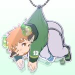  1boy acrylic_stand american_football_uniform animal_ears ass bara blush brown_hair chibi clothes_pull cow_boy cow_ears cow_horns deformed eye_black facial_hair fiery_horns forked_eyebrows full_body glowing_horns goatee green_shirt highres horns light_blush male_focus nose_blush one_eye_closed osu_(osumankokuou) pants plump shirt shoes short_hair sneakers solo spiked_hair sportswear sweatdrop thick_eyebrows thighs tokyo_afterschool_summoners track_pants wakan_tanka 