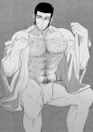  1boy bara bare_pectorals beard black_hair bulge buzz_cut chest_hair facial_hair feet_out_of_frame fundoshi goatee_stubble golden_kamuy greyscale hairy highres invisible_chair japanese_clothes kimono kon_likes_corn large_areolae large_pectorals long_sideburns male_focus mature_male monochrome muscular muscular_male navel_hair open_clothes open_kimono pectorals short_hair sideburns sitting solo tanigaki_genjirou thick_eyebrows undressing very_short_hair 
