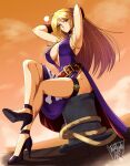  1girl armpits arms_behind_head blonde_hair blush breasts cleavage danmakuman dress high_heels large_breasts purple_dress sitting sky snk the_king_of_fighters thighlet yellow_sky 