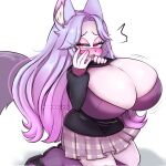  &lt;3 &lt;3_eyes anthro artist_name big_breasts blush bottomwear bra breasts bulging_breasts canid canine cleavage clothed clothing ears_up eyelashes female fox fur hair half-closed_eyes hammerspace hammerspace_breasts hi_res huge_breasts kneeling lips looking_at_viewer mammal miniskirt narrowed_eyes pink_eyes pink_hair purple_bra purple_clothing purple_hair purple_underwear simple_background skirt solo sweater topwear twistedgutzz underwear white_background white_body white_fur 