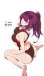  1girl alternate_costume ass barefoot black_one-piece_swimsuit breasts commentary english_commentary eyewear_on_head highres honkai:_star_rail honkai_(series) kafka_(honkai:_star_rail) kili_kilio large_breasts long_hair looking_at_viewer looking_up meme one-piece_swimsuit ponytail purple_eyes purple_hair red_one-piece_swimsuit simple_background sitting smile solo sunglasses swimsuit twitter_strip_game_(meme) two-tone_one-piece_swimsuit wariza white_background 