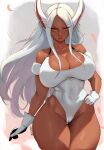  1girl absurdres animal_ears arm_strap bare_shoulders boku_no_hero_academia breasts cameltoe chayon cleavage collarbone covered_navel curvy dark-skinned_female dark_skin freckles gloves hand_on_own_hip highleg highleg_leotard highres huge_breasts leotard long_eyelashes long_hair looking_at_viewer mirko parted_bangs rabbit_ears rabbit_girl red_eyes solo thick_thighs thigh_gap thighs toned twitter_username white_gloves white_hair white_leotard 