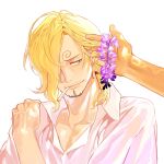  1boy blonde_hair blue_eyes cigarette collarbone dress_shirt earrings facial_hair flower green_hair hair_over_one_eye half-closed_eyes highres jewelry looking_to_the_side male_focus one_piece pectoral_cleavage pectorals ponytail sanji_(one_piece) shirt short_hair smile veins veiny_arms white_background white_shirt ynnn_m 