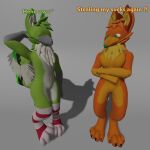  1:1 3d_(artwork) absurd_res amber_wing andromorph angry anthro avian beak caught claws clothing crossed_arms digital_media_(artwork) digitigrade drafy drafy(artist) duo english_text female footwear fur green_body green_eyes green_fur gryphon gynomorph hand_behind_head hi_res intersex male male/female mythological_avian mythology neck_tuft orange_body orange_fur paws paws_in_socks socks speech_bubble text tuft wings 