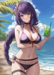  1girl arm_under_breasts beach bikini black_choker blue_sky braid braided_ponytail breasts choker cloud cowboy_shot cup day drink drinking_straw flower food fruit genshin_impact hair_flower hair_ornament holding holding_cup ice ice_cube large_breasts lime_(fruit) lime_slice long_hair mookyuu9 navel outdoors parted_lips purple_bikini purple_eyes purple_hair raiden_shogun sky solo stomach swimsuit thigh_strap very_long_hair 