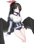  1girl absurdres adjusting_buruma adjusting_clothes black_choker black_hair black_wings blue_archive blue_jacket blue_shorts breasts buruma choker closed_mouth commentary_request cropped_legs feathered_wings feathers gym_uniform hair_over_one_eye halo hasumi_(blue_archive) hasumi_(track)_(blue_archive) highres jacket lakudaken large_breasts long_hair long_sleeves looking_at_viewer low_wings off_shoulder official_alternate_costume partially_unzipped red_eyes red_halo shirt shorts simple_background solo very_long_hair white_background white_shirt wings 