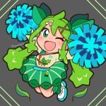  1girl :d absurdres cheerleader chibi full_body grass_miku_(project_voltage) green_eyes green_hair hair_between_eyes hair_ornament harurukan hatsune_miku highres jumping leaf long_hair long_sleeves musical_note musical_note_hair_ornament one_eye_closed pokemon pom_pom_(cheerleading) project_voltage smile solo twintails twitter_username very_long_hair vocaloid x_hair_ornament 