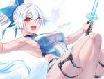  1girl armpits breasts fate/grand_order fate_(series) hair_between_eyes hair_over_one_eye holding holding_sword holding_weapon long_hair looking_at_viewer one-piece_swimsuit open_mouth ponytail red_eyes sideboob smile swimsuit sword thick_thighs thigh_strap thighs tomoe_gozen_(fate) tomoe_gozen_(swimsuit_saber)_(fate) toned torichamaru twitter_username weapon white_hair 