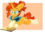  2022 blue_eyes book cape cinnamontee clothing crossgender cutie_mark digital_media_(artwork) equid equine eyebrows eyelashes eyewear female feral friendship_is_magic fur glasses hair hasbro hi_res hooves horn looking_down lying mammal mane mtf_crossgender my_little_pony orange_body orange_fur orange_hair orange_mane orange_tail reading smile solo sunburst_(mlp) tail unicorn 