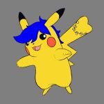  admin_chester black_eyes blue_hair blulowcj clothed clothing crossdressing digital_media_(artwork) feral fur generation_1_pokemon grey_background hair hi_res male mammal nintendo no_shading open_mouth pikachu pokemon pokemon_(species) rodent simple_background simple_coloring smile solo tongue yellow_body yellow_fur 