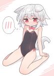  1girl animal_ears barefoot black_leotard blush bow bowtie closed_mouth detached_collar grey_hair hair_between_eyes highres inubashiri_momiji kibisake leotard red_bow red_bowtie red_eyes short_hair sitting solo strapless strapless_leotard thought_bubble touhou wariza wolf_ears 