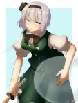  1girl black_bow black_bowtie black_hairband blue_background border bow bowtie breasts commentary ghost green_skirt green_vest grey_hair hairband highres holding holding_sword holding_weapon konpaku_youmu konpaku_youmu_(ghost) looking_at_viewer medium_breasts open_mouth raian_macaroni short_hair short_sleeves simple_background skirt solo sword touhou vest weapon white_border 