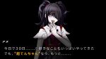  1girl ame-chan_(needy_girl_overdose) bini_(xocolatl_501) black_background black_hair black_nails black_ribbon danganronpa_(series) derivative_work hair_ornament hair_over_one_eye highres komatsuzaki_rui_(style) long_hair multicolored_nails neck_ribbon needy_girl_overdose open_mouth parody purple_eyes red_nails ribbon short_sleeves simple_background skirt solo style_parody suspender_skirt suspenders twintails x_hair_ornament 