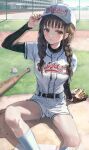  1girl baseball baseball_bat baseball_cap baseball_mitt baseball_uniform black_undershirt braid brown_eyes brown_hair hat huwari_(dnwls3010) looking_at_viewer low_twintails original shirt shorts sitting solo sportswear twin_braids twintails white_shirt white_shorts 