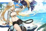  1girl arm_at_side artoria_caster_(fate) artoria_caster_(swimsuit)_(fate) artoria_pendragon_(fate) asymmetrical_clothes asymmetrical_pants baseball_cap beach bikini bird black_pants black_ribbon blonde_hair blue_sky breasts clenched_hand cloud cowboy_shot criss-cross_halter cropped_jacket eagle fate/grand_order fate_(series) green_eyes halterneck hand_up hat highres hoshi_rasuku jacket light_blush long_hair long_sleeves looking_at_animal looking_to_the_side navel ocean one_eye_closed open_mouth open_pants orca outdoors outstretched_hand palm_tree pants puffy_long_sleeves puffy_sleeves ribbon sailor_collar sand single_pantsleg sky small_breasts smile solo striped striped_jacket striped_ribbon swimsuit tree twintails water white_bikini white_headwear white_jacket white_sailor_collar wristband 