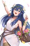  1girl :d arm_up armlet bare_shoulders basket blue_eyes blue_hair bracelet breasts cleavage collarbone dress fire_emblem fire_emblem_awakening fire_emblem_heroes flower flower_basket gonzarez hair_between_eyes hair_flower hair_ornament highres holding holding_basket jewelry long_hair looking_at_viewer lucina_(fire_emblem) lucina_(valentine)_(fire_emblem) official_alternate_costume petals sleeveless sleeveless_dress small_breasts smile solo symbol_in_eye teeth thighlet twitter_username upper_teeth_only white_background white_dress 