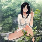  1girl black_hair blue_eyes blue_panties blurry blurry_background blush breasts closed_mouth collarbone collared_shirt commentary_request day fate/grand_order fate_(series) foot_out_of_frame forest highres legs long_hair looking_at_viewer medium_breasts nature outdoors panties parted_bangs rainen_ganbarimashita shirt sitting smile solo underwear ushiwakamaru_(fate) v wet wet_clothes wet_shirt white_shirt 