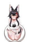  1girl adapted_costume animal_ears black_hair blush breasts closed_mouth collarbone hololive kani_bonara large_breasts long_hair looking_at_viewer multicolored_hair no_pants ookami_mio red_hair sidelocks single_bare_shoulder single_thighhigh sitting skirt smile solo streaked_hair tail tail_around_own_leg tail_wrap thighhighs virtual_youtuber wariza white_skirt wolf_ears wolf_girl wolf_tail yellow_eyes 