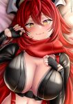  1girl breasts fingerless_gloves gloves goddess_of_victory:_nikke highres large_breasts long_hair long_sleeves looking_at_viewer lying on_back oniilus red_hair red_hood_(nikke) red_scarf scarf smile solo upper_body yellow_eyes 