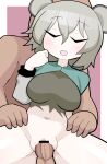  1boy 1girl alternate_form animal_ears bar_censor blush breasts capelet censored clitoris closed_eyes clothed_female_nude_male clothed_sex commentary cookie_(touhou) cowboy_shot dress dutch_angle green_capelet grey_dress grey_hair hair_between_eyes hetero hospital_king large_breasts long_bangs mouse_ears mouse_girl navel nazrin nude nyon_(cookie) penis pussy sex sex_from_behind short_hair solo_focus torn_clothes torn_dress touhou two-tone_background vaginal white_background 