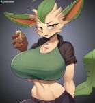  anthro big_breasts biped breasts clothed clothing cooliehigh eeveelution female fur generation_4_pokemon hi_res huge_breasts leafeon looking_at_viewer nintendo pokemon pokemon_(species) solo tan_body tan_fur yellow_eyes 