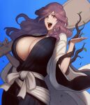  1girl 50x48x48 artist_name black_robe bleach bleach:_the_thousand-year_blood_war blue_background breasts cleavage facial_mark haori highres hikifune_kirio huge_breasts japanese_clothes long_hair looking_at_viewer open_mouth plant purple_eyes purple_hair robe sash simple_background smile solo standing taichou_haori teeth vines watermark white_sash 