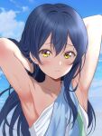  1girl armpits arms_behind_head between_breasts blue_hair blue_sky blurry blurry_background borgbutler breasts closed_mouth cloud collarbone commentary_request hands_in_hair highres long_hair looking_at_viewer love_live! love_live!_school_idol_project outdoors sky solo sonoda_umi sweat upper_body yellow_eyes 
