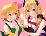  2girls absurdres ahoge akanebi apron bare_shoulders blonde_hair blue_eyes breasts chocolate_making choker demon_girl demon_horns demon_wings hair_ornament hairclip highres hololive horns long_hair multiple_girls pointy_ears short_hair sleeveless tongue tongue_out virtual_youtuber wings yellow_eyes yozora_mel yuzuki_choco 