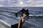  1girl :d ame-chan_(needy_girl_overdose) black_eyes black_hair black_ribbon black_skirt blue_sky collar collared_shirt day hair_ornament hair_over_one_eye hair_tie hairclip jirai_kei long_hair looking_at_viewer neck_ribbon needy_girl_overdose nemuioji ocean open_mouth outdoors red_shirt ribbon shirt shirt_tucked_in skirt sky smile solo suspender_skirt suspenders twintails water white_collar wrist_cutting x_hair_ornament 