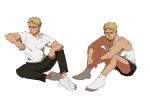  1boy black_pants black_shorts blonde_hair facial_hair frown goatee highres male_focus nike pants reiner_braun shingeki_no_kyojin shirt shoes short_hair shorts sitting sneakers socks syabbal-i tank_top white_background white_shirt white_tank_top 