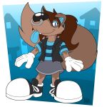  alpha_channel anthro big_feet big_nose blue_background blue_clothing blue_eyes blue_inner_ear blue_shirt blue_tongue blue_topwear brown_body brown_fur brown_hair canid canine canis clothing cute_fangs facial_piercing feet female fur gloves hair handwear hi_res mammal neighborhood nonbinary_(lore) nose_piercing pattern_clothing pattern_shirt pattern_topwear piercing round_nose shirt simple_background solo striped_clothing striped_shirt striped_topwear stripes tongue tongue_out toony topwear trinitylight white_clothing white_gloves white_handwear wolf 