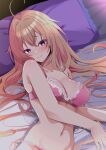  1girl absurdres ahoge azur_lane bed blonde_hair bra breasts cleavage from_above highres impero_(azur_lane) lace-trimmed_bra lace-trimmed_panties lace_trim lingerie long_hair looking_at_viewer lying on_back on_bed origami_aya panties pillow pink_bra pink_panties underwear underwear_only 