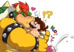 2023 anthro blush bodily_fluids bowser cum duo ejaculation embrace eyes_closed facial_hair genital_fluids genitals hug human human_on_anthro interspecies kemono kimagure_monja kissing koopa male male/male mammal mario mario_bros mustache nintendo overweight overweight_male penis scalie 