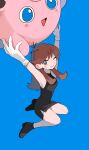  1girl ;) armpits arms_up bare_arms black_dress black_footwear boots bright_pupils brown_hair commentary_request dress gloves green_(pokemon) grey_eyes highres jigglypuff long_hair looking_at_viewer momotose_(hzuu_xh4) one_eye_closed pokemon pokemon_adventures side_slit sidelocks smile twitter_username watermark white_gloves white_pupils 