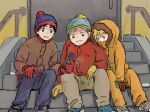  3boys animification beanie black_hair blonde_hair blue_eyes brown_eyes brown_gloves brown_hair eokiba-um eric_cartman gloves hat holding holding_phone hood hoodie kenny_mccormick male_child male_focus multiple_boys orange_pants pants phone red_gloves shoes sitting sitting_on_stairs sneakers south_park stairs stan_marsh yellow_gloves 