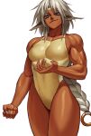  1girl absurdres aisha_clanclan animal_ears braid breasts cat_ears circlet dark-skinned_female dark_skin fang fingernails green_eyes highres long_fingernails long_hair looking_at_viewer looking_down medium_breasts muscular muscular_female one-piece_swimsuit outlaw_star simple_background single_braid solo sotcho swimsuit white_background white_hair 