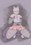  anthro balls big_tail blush bottomwear clothed clothing clothing_lift cwasaunt embarrassed erection erection_under_skirt fishnet fishnet_clothing fishnet_legwear generation_1_pokemon genitals girly grumpy hi_res legendary_pokemon legwear male male/male mewtwo nintendo nipples penis pokemon pokemon_(species) purple_body purple_nipples skirt skirt_lift solo tail torn_clothing vein veiny_penis 