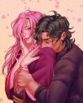  2boys arethsart bracelet cherry_blossom_(sk8) cherry_blossom_print closed_eyes floral_print gold_bracelet green_hair highres jewelry joe_(sk8) long_hair male_focus messy_hair multiple_boys pink_eyes pink_hair sk8_the_infinity wavy_hair yaoi 