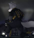  absurd_res albino anthro armor bodysuit bulge butt canid canine canis clothing crouching fur gun hi_res holding_object holding_weapon kneeling lobo_(marcofox) male mammal marcofox ranged_weapon rear_view rifle skinsuit solo tattoo tight_clothing weapon white_body white_fur wolf 